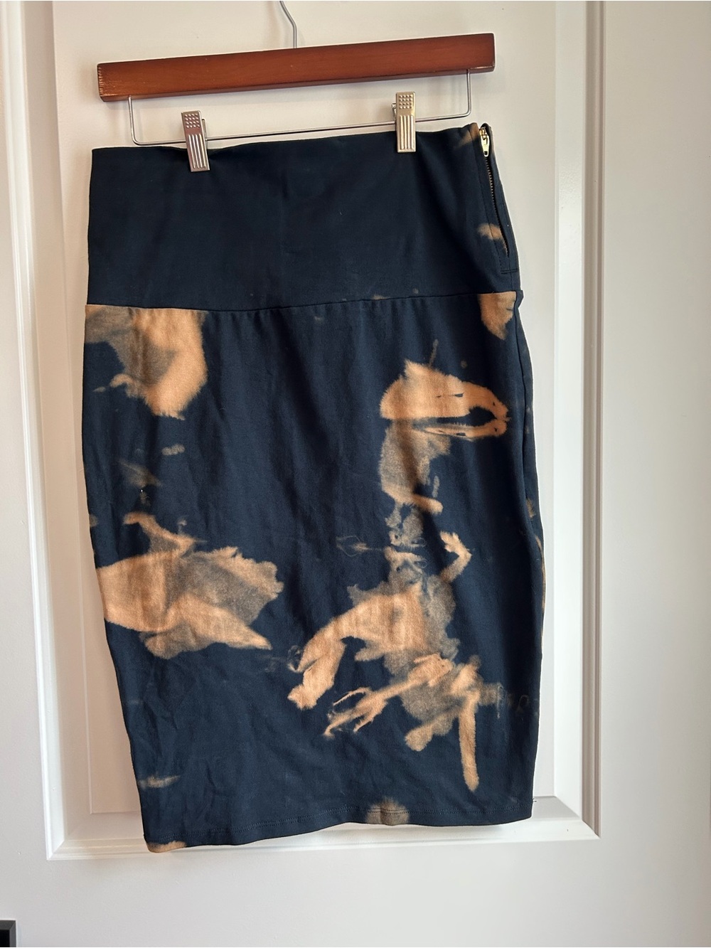 Bleach-Effect Black and Tan High-Rise Pencil Skirt